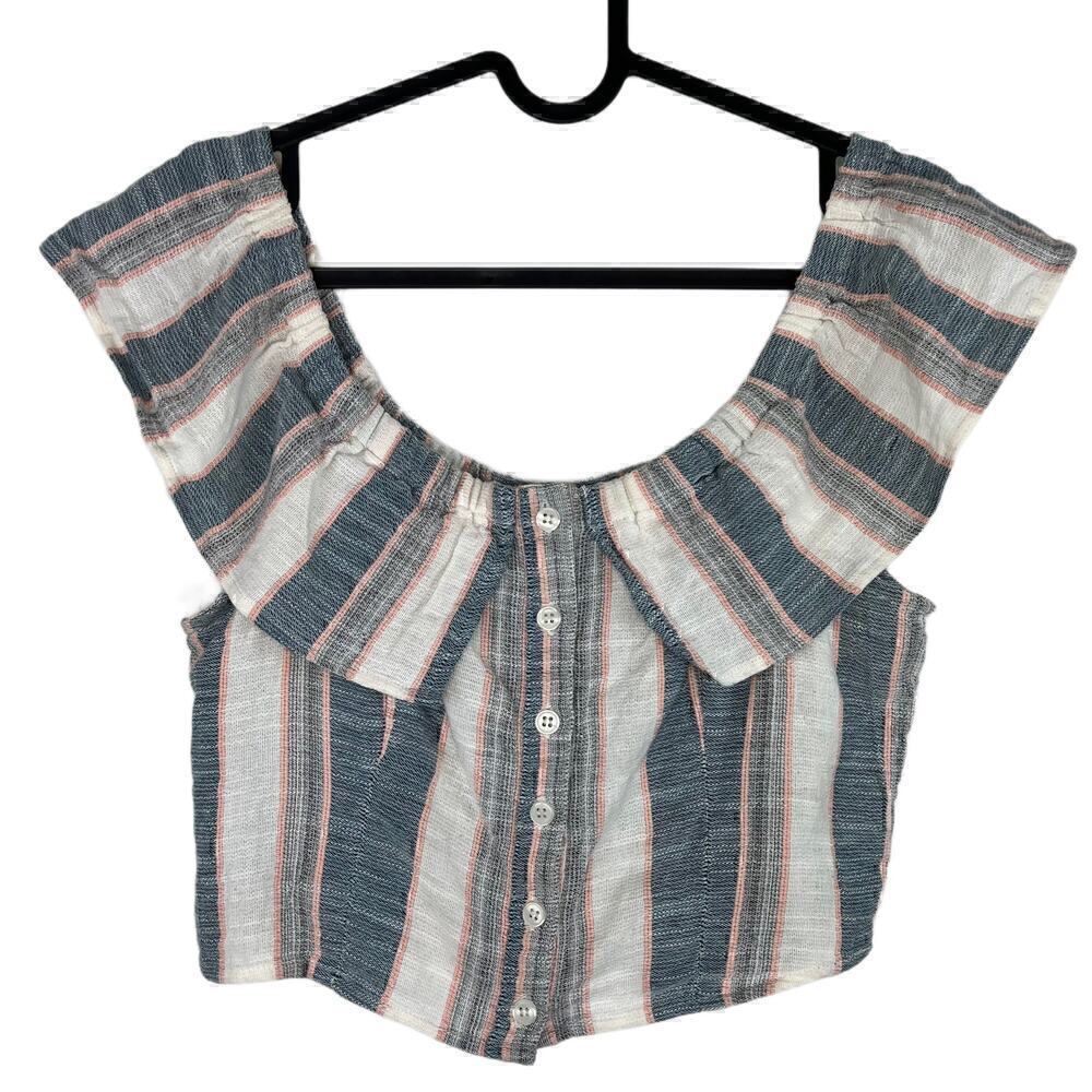 Altar'd State Striped Button Front Off the Shoulder Gauzy Crop Top Size Medium